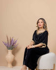 Black Velvet Kaftan with Kora Dabka, Resham, and Jewelry Stones Handwork on Neck & Sleeves