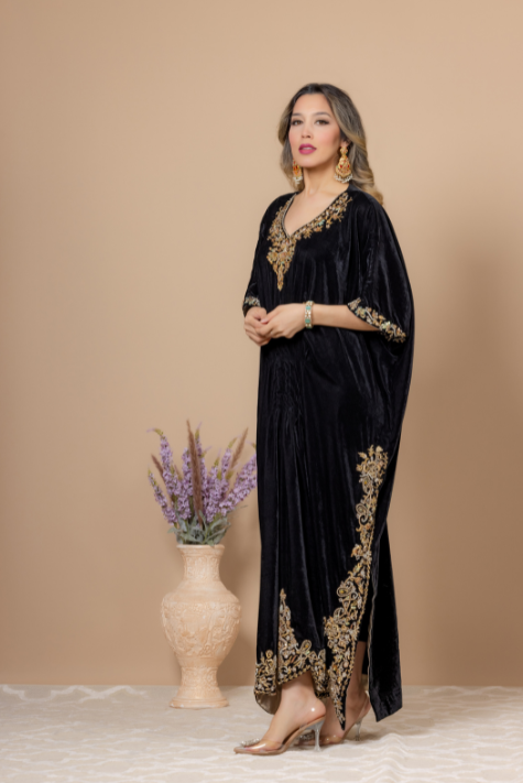 Black Velvet Kaftan with Rich Kora Dabka, Resham, and Jewelry Stones Handwork