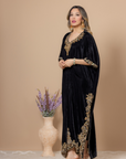 Black Velvet Kaftan with Rich Kora Dabka, Resham, and Jewelry Stones Handwork