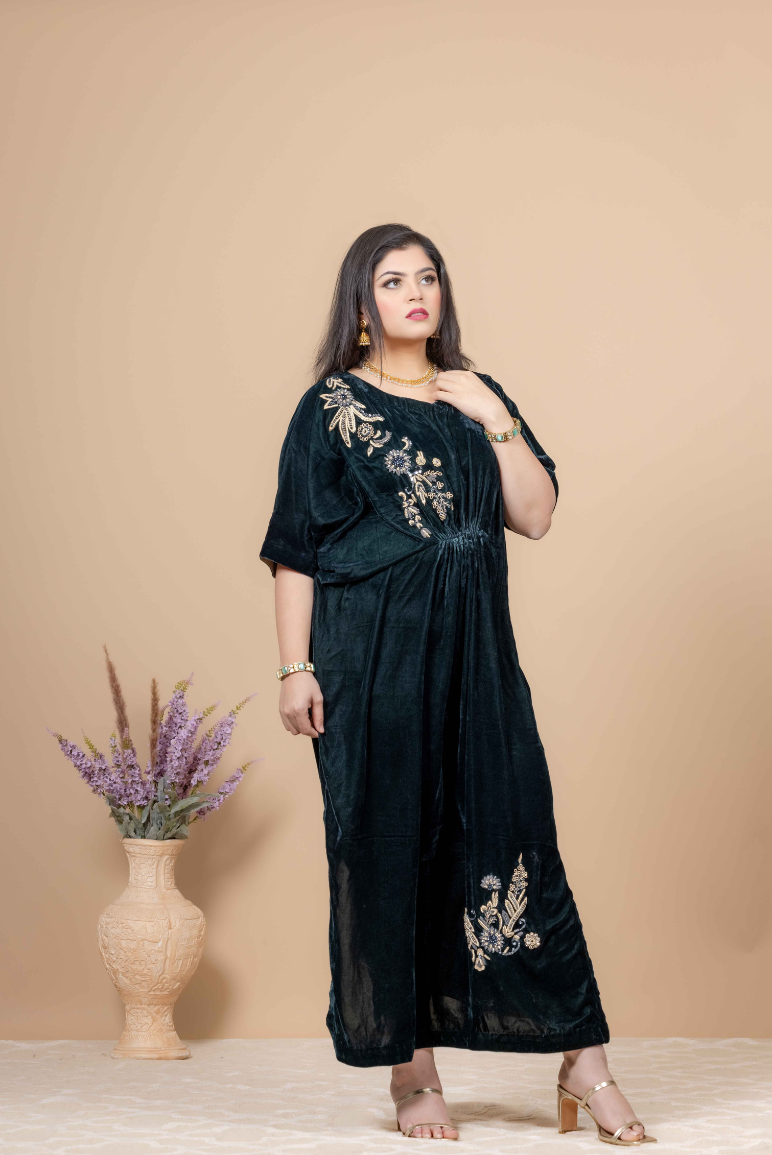 Bottle Green Velvet Kaftan with Kora Dabka, Resham and Jewelry Stones Handwork Shoulder and Hem