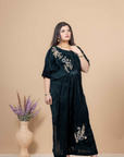 Bottle Green Velvet Kaftan with Kora Dabka, Resham and Jewelry Stones Handwork Shoulder and Hem