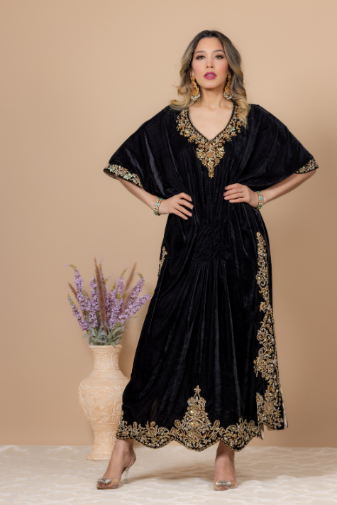 Black Velvet Kaftan with Rich Kora Dabka, Resham, and Jewelry Stones Handwork