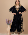 Black Velvet Kaftan with Rich Kora Dabka, Resham, and Jewelry Stones Handwork