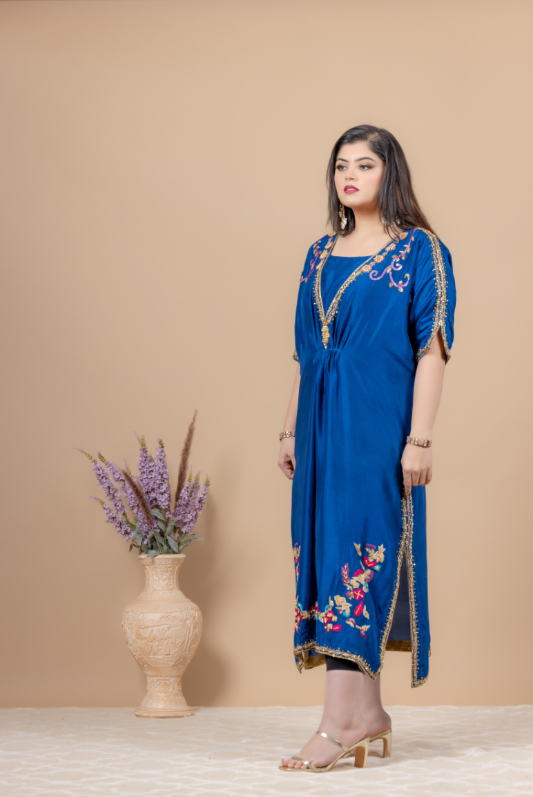 Rawsilk Kaftan with Kora Dabka, Resham and Jewelry Stones Handwork