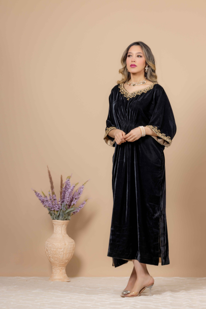 Black Velvet Kaftan with Kora Dabka, Resham, and Jewelry Stones Handwork on Neck &amp; Sleeves