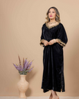 Black Velvet Kaftan with Kora Dabka, Resham, and Jewelry Stones Handwork on Neck & Sleeves