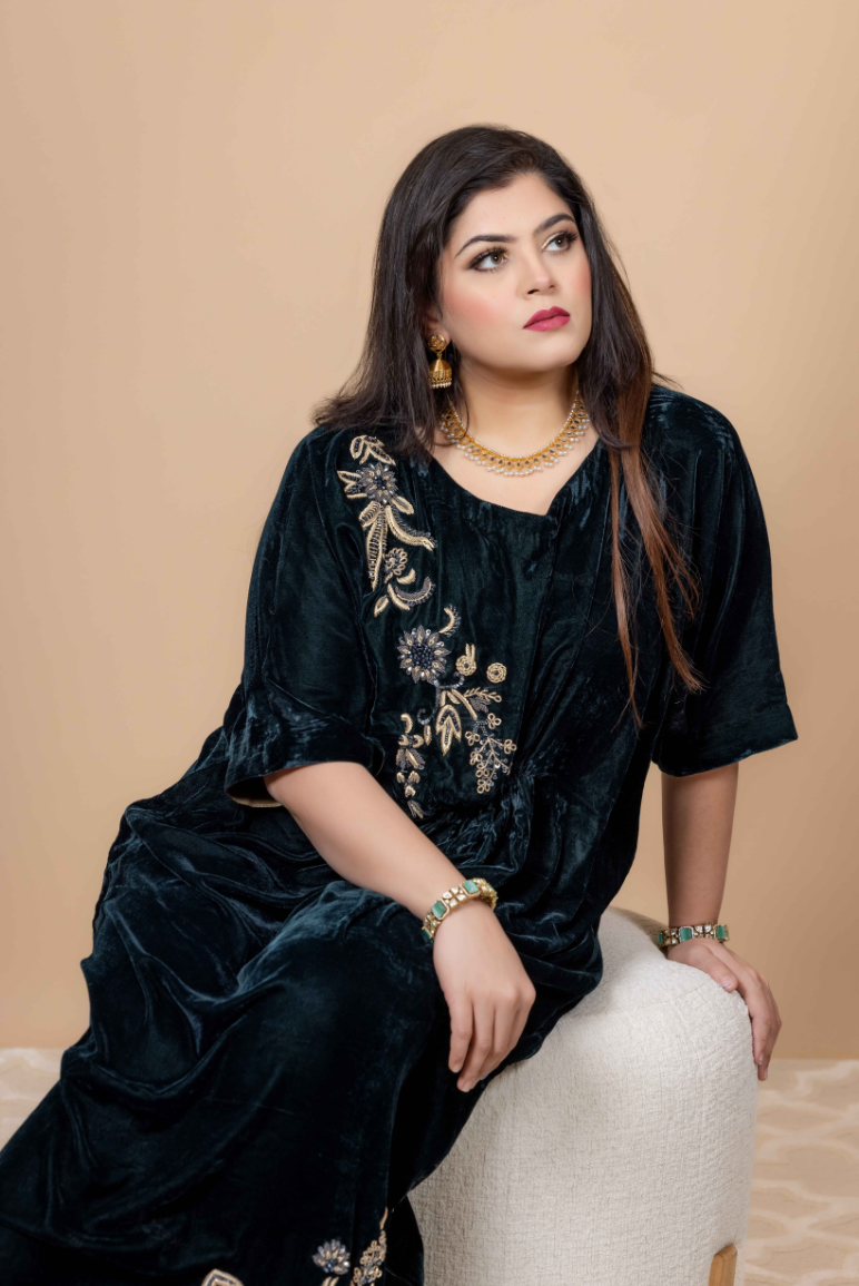 Bottle Green Velvet Kaftan with Kora Dabka, Resham and Jewelry Stones Handwork Shoulder and Hem