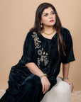 Bottle Green Velvet Kaftan with Kora Dabka, Resham and Jewelry Stones Handwork Shoulder and Hem