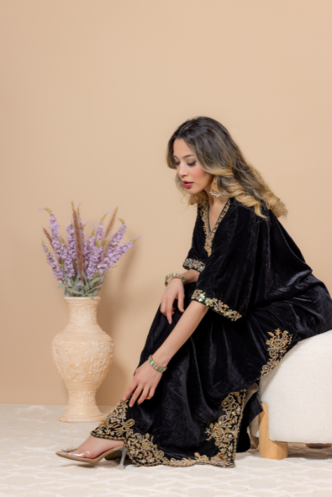 Black Velvet Kaftan with Rich Kora Dabka, Resham, and Jewelry Stones Handwork