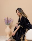 Black Velvet Kaftan with Rich Kora Dabka, Resham, and Jewelry Stones Handwork