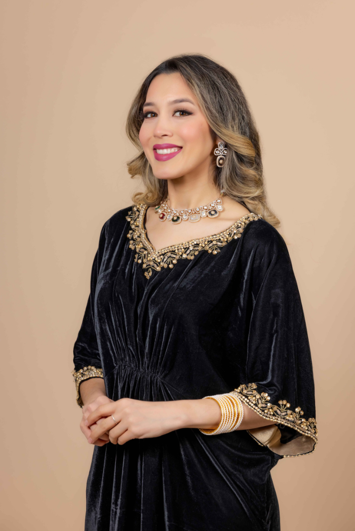 Black Velvet Kaftan with Kora Dabka, Resham, and Jewelry Stones Handwork on Neck &amp; Sleeves