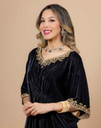 Black Velvet Kaftan with Kora Dabka, Resham, and Jewelry Stones Handwork on Neck & Sleeves