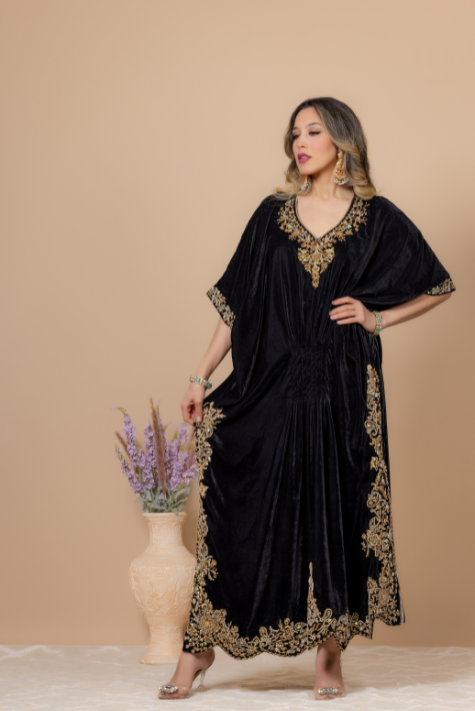 Black Velvet Kaftan with Rich Kora Dabka, Resham, and Jewelry Stones Handwork