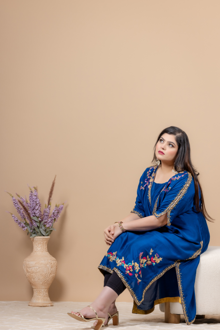 Rawsilk Kaftan with Kora Dabka, Resham and Jewelry Stones Handwork