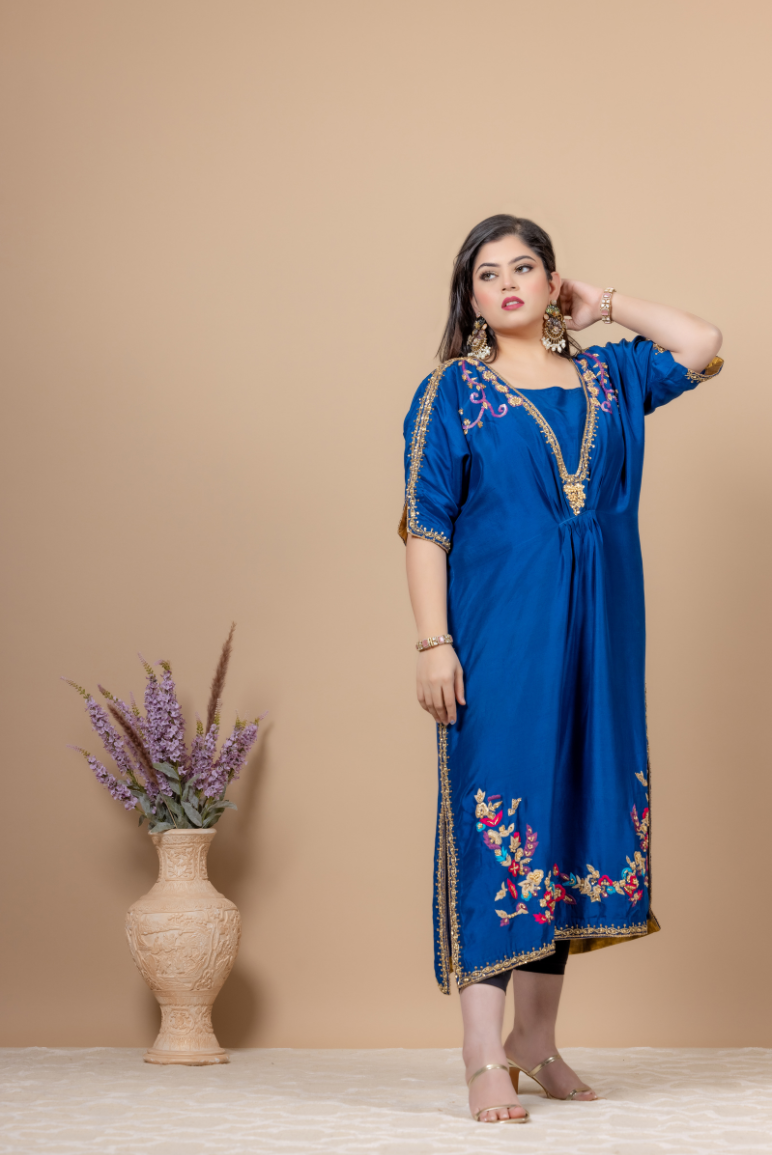 Rawsilk Kaftan with Kora Dabka, Resham and Jewelry Stones Handwork